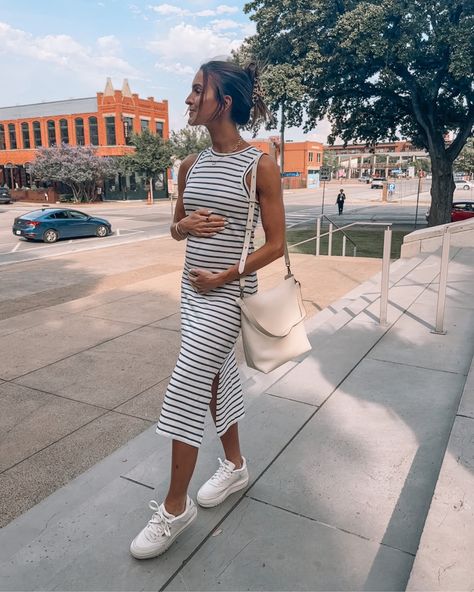 Dress And White Sneakers Outfit, New Mom Outfits, Pregnancy Outfit, Summer Activewear, White Sneakers Outfit, Maternity Clothes Summer, Outfit For Spring, Striped Tank Dress, Maternity Outfits