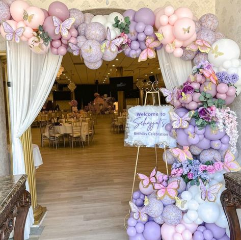 Butterfly Garden Party Ideas, Butterfly Theme Entrance Decor, Baptism Butterfly Theme, 1st Birthday Butterfly Theme Backdrop, Butterfly Theme Debut Backdrop, Butterfly And Flower Balloon Arch, Pastel Pink Purple And White Butterfly Baby Shower Theme, Bridal Balloons, Butterfly Purple Babyshower