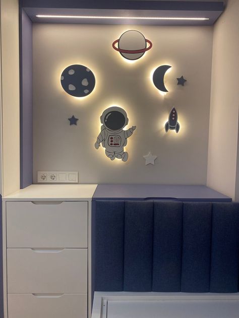 Nursery Night Lights, Space Wall Lamps, Set of 5 Nursery Wall Light, Planets, Space Rocket Night Light, Gift for Baby and Children - Etsy UK Boys Room Space Theme, Boys Space Bedroom, Space Themed Nursery, Nursery Night Light, Space Bedroom, Space Rocket, Light And Space, Space Theme, Wall Lamps