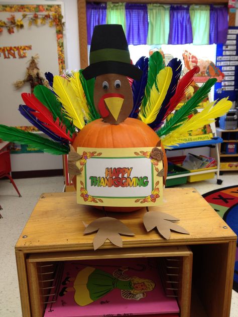 Turkey pumpkin Turn A Pumpkin Into A Turkey, Turkey Decorating Contest, Pumpkin Turkey, Turkey Pumpkin Decorating, Turkey Pumpkin, Thanksgiving Pumpkin Decorating, Thanksgiving Crafts Decorations, Book Character Pumpkins, Thanksgiving Activities Preschool