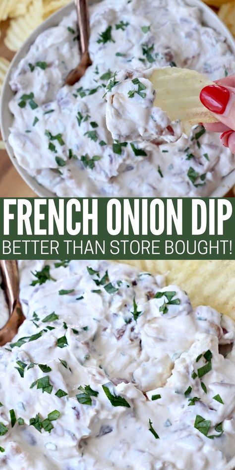 french onion dip in bowl with spoon and potato chip dipping into the bowl of dip French Onion Dip Recipe, Homemade French Onion Dip, Onion Dip Recipe, Homemade Sour Cream, Small Town Woman, Making Pancakes, French Onion Dip, Onion Dip, Sour Cream And Onion