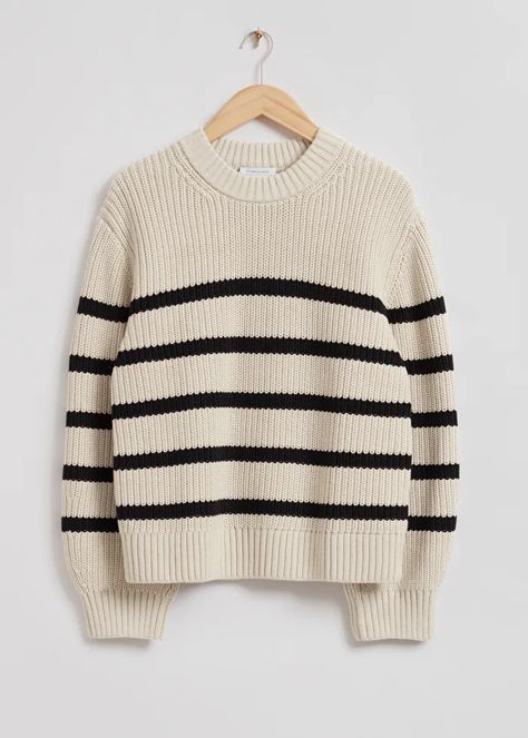 Relaxed Chunky Knit Sweater - Beige/Black Striped - Sweaters - & Other Stories US Chunky Jumper, Chunky Knit Jumper, Straight Leg Denim, Beige Sweater, Chunky Knits Sweater, Cool Sweaters, Fashion Story, Knit Outfit, Knit Jumper