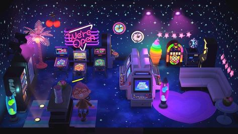 Basement Arcade, Acnh Landscaping, Neon Palm Tree, Arcade Room, Acnh Ideas, Acnh Inspo, Theatre Room, New Animal Crossing, Animal Crossing Game