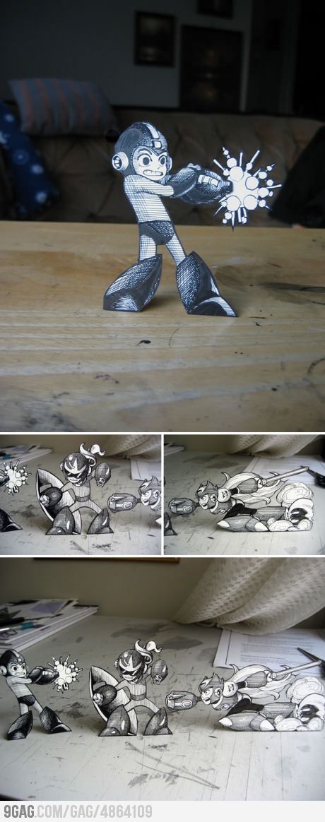 Paper men on table! Paper Mega Man! Electric Art, Dino Crisis, Megaman Series, Mega Man Art, Megaman X, Video Game Music, Nintendo Art, Shadow Art, Retro Videos