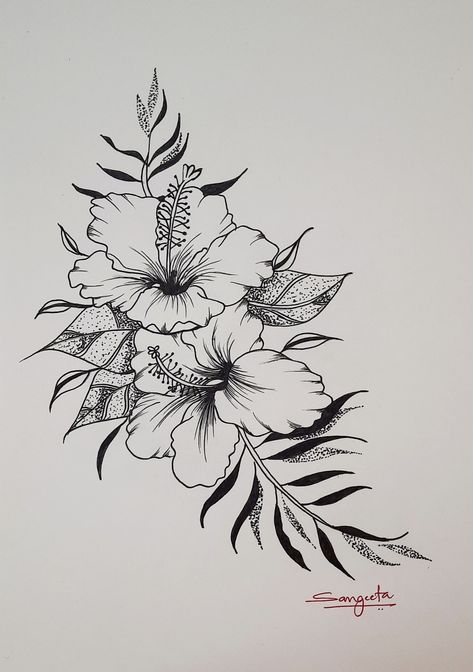 Hibiscus drawing, flower drawing Hawaiian State Flower Tattoo, Hawaiian Floral Tattoo Design, Hawaiian Lei Flowers Tattoo, Hibiscus Plant Drawing, Unique Hibiscus Tattoo, Two Hibiscus Flowers Tattoo, Flower Hibiscus Tattoo, Simple Hawaiian Flower Tattoo, Hibiscus Branch Tattoo