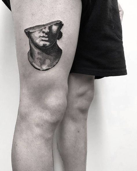 Black, dot-work style fragmentary colossal head tattoo by Koldo Novella Ant Tattoo, Statue Tattoo, Small Arm Tattoos, Greek Tattoos, Arm Tattoos For Women, Head Tattoos, Tattoos Gallery, Blackwork Tattoo, Thigh Tattoo