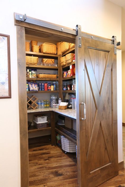 Walk In Pantry With Sliding Door, Farmhouse Sliding Door Pantry, Walk Through Pantry Mudroom, Country Farmhouse Pantry, Western Pantry Ideas, 4 X 6 Walk In Pantry, Wide Pantry Door Ideas, Rustic Walk In Pantry, Western Pantry