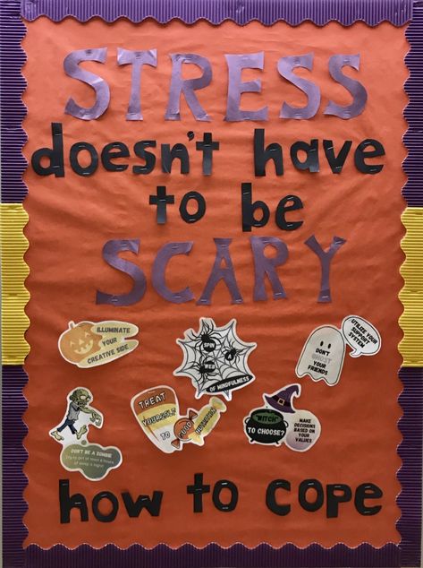 Break Room Halloween Ideas, Lobby Bulletin Board Ideas, Halloween Counseling Bulletin Board, Nursing Halloween Decor, Bulletin Board Ideas October, Social Work Door Decorations, Halloween Ra Bulletin Boards, Halloween Office Themes, Mental Health Bulletin Board Ideas