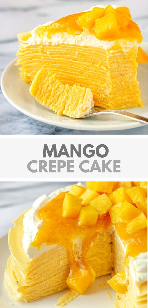 Mango Crepe Cake Recipe Fruit Cupcakes Recipes, Mango Filling, Mango Crepe, Mango Coulis, Crepe Cake Recipe, Mascarpone Filling, Homemade Crepes, Crepe Recipe, Fun Cupcake Recipes