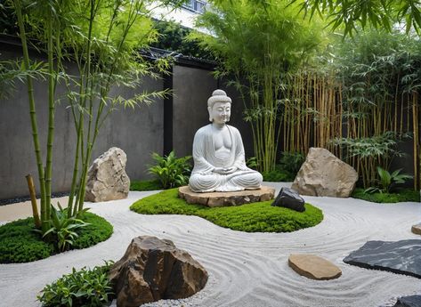 Buddha Statue In Garden, Buddha Decor Ideas, Buddha Water Fountain, Zen Yard, Campsite Decorating, Zen Backyard, Japanese Garden Style, Japanese Inspired Garden, Small Japanese Garden