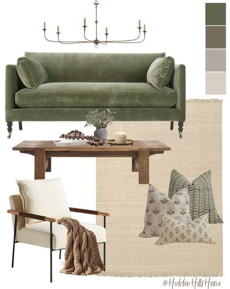 Living Room Decor With Green Sofa, Green Couch Organic Modern, Home Decor Ideas Green And Grey, Green Living Room Gold Accents, Coffee Table Cozy, Albany Park Green Sofa, Neutral And Green Living Room Decor, Living Room Small Sofa, Neutral Living Room With Green Couch