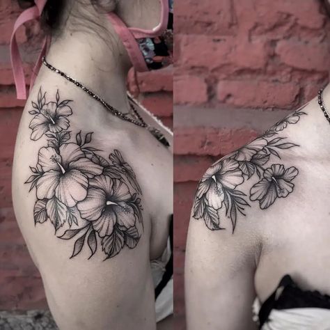 20 Best Hibiscus Tattoo Designs to Inspire You Tropical Flower Shoulder Tattoos For Women, Hibiscus Sunflower Tattoo, Hibiscus Shoulder Tattoos For Women, Hibiscus Tattoo Design For Women, Tropical Flower Tattoo Sleeve, Feminine Flower Tattoos, Hibiscus And Plumeria Tattoo, Tropical Tattoos For Women, Hibiscus Tattoo Design