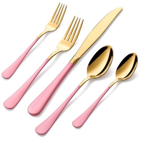 Cute Kitchen Plates, Pink Silverware, Cutlery Aesthetic, Pink Cutlery Sets, Girly Kitchen Decor, Pink Kitchen Utensils, Spoon Sets, Pink Utensils, Ash Aesthetic