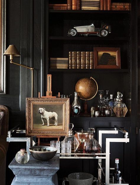 Library shelf styling inspiration. Design by HZ Interiors Gentlemans Room, Zigarren Lounges, Dark Academia Home, Masculine Interior, Masculine Decor, Motif Art Deco, Dark Interiors, Living Room With Fireplace, Home Library