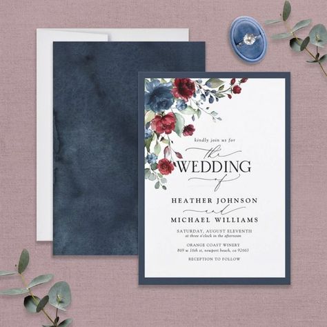 Navy And Burgundy Wedding, Navy Blue Watercolor, Blue And Burgundy, Modern Hand Lettering, Burgundy Wedding Invitations, Navy Wedding Invitations, Navy Blue Wedding, Burgundy Flowers, Watercolor Invitations