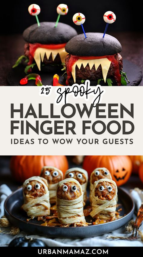 Looking for creative finger food ideas for Halloween? Here are 25 Halloween finger food recipes to WOW your guests. Veggie Pizza Halloween, Fall Halloween Party Food, Halloween Inspired Party Food, Classic Halloween Food, Halloween Party Appetizer Ideas, Cheap Halloween Appetizers For Party, Halloween Food Simple, Halloween Meat Snacks, Halloween Recipes Appetizers Fun