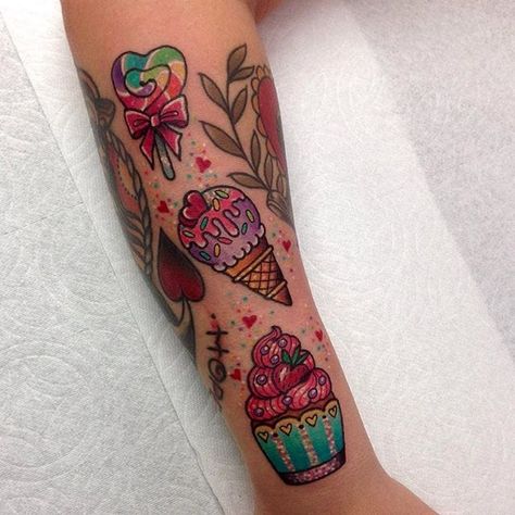 Dessert Tattoo, Girly Sleeve Tattoo, Ice Cream Tattoo, Box Tattoo, Candy Tattoo, Cupcake Tattoos, Spirit Tattoo, Food Tattoos, Kawaii Tattoo