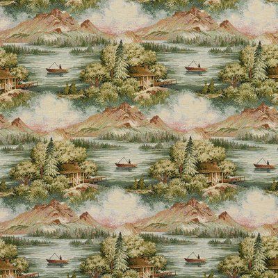 Wildon Home® Wilderness Cabin Fabric Color: Green/Beige Wilderness Cabins, Chairs And Ottomans, White Drapery, Greenhouse Fabrics, Kovi Fabrics, Vintage Cabin, Country Scenes, Tapestry Fabric, Tapestry Weaving