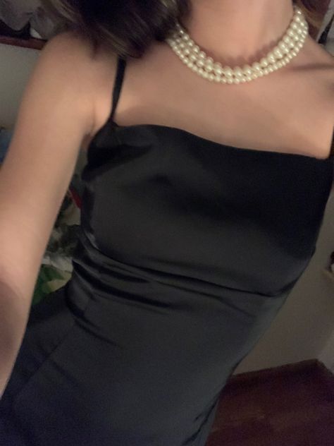 Pearls And Black Dress Classy, Black Dress Prom Silk, Black Iconic Dress, Black Speggetti Strap Dress, Black Mini Dress Outfit Aesthetic, Pearls Black Dress, Silk Black Dress Aesthetic, Black Classy Dress Aesthetic, Black Short Dress Formal Classy