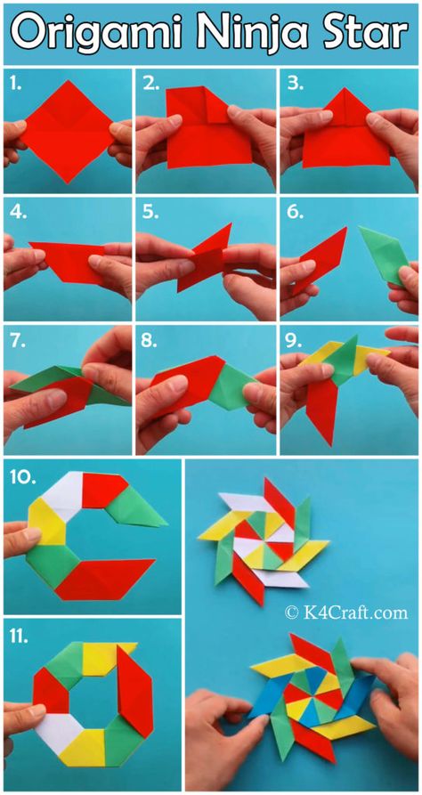 How To Make 8 Pointed Transforming Ninja Star - Step by Step Origami Tutorial • K4 Craft Origami Transforming Ninja Star, Sticky Note Origami, Origami Easy Step By Step, Origami Techniques, Origami Step By Step, Origami Diagrams, Ninja Star, Origami Patterns, Instruções Origami