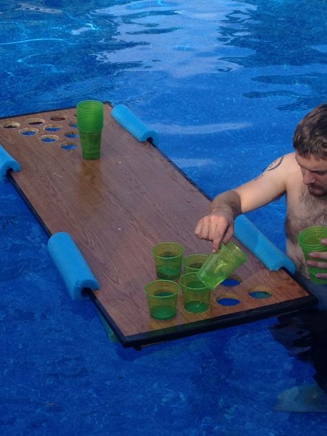 Floating beer pong table Pool Beer Pong, Beerpong Table, Floating Beer Pong Table, Beer Pong Table Diy, Lake Games, Pool Party Games, Beer Table, Pool Storage, Door Games