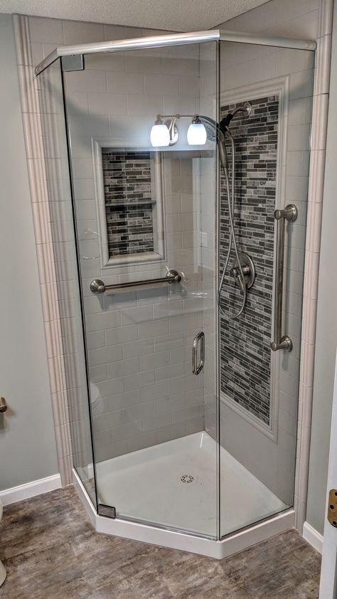 Corner Shower Remodel Ideas, Standing Corner Shower Ideas, Small Bathroom Ideas Corner Shower Layout, Small Bathroom With Shower Only Layout, Triangle Shower Bathroom, Shower Stalls For Small Bathrooms, Small Showers Ideas, Cheap Shower Ideas, Small Stand Up Shower Ideas