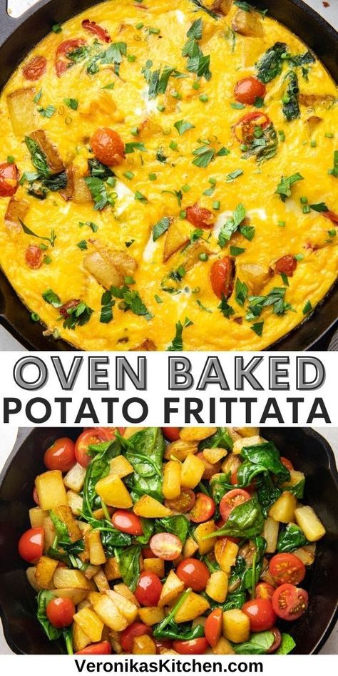 Top photo: Frittata with potatoes, tomatoes, and spinach in a skillet. Bottom photo: Seared potatoes, cherry tomatoes, and spinach in a skillet. Spinach Potato Frittata, Potato Tomato Recipe, Frittata Recipes Baked, Oven Frittata, Chicken Frittata, Lotr Marathon, Fritata Recipe, Potato Frittata Recipes, Frittata Breakfast