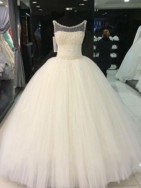 Ball Gown Scoop Beading Tulle Sleeveless Floor-Length Wedding Dresses - Wedding Dresses - Hebeos Online White Cotillion Dresses, Gown With Pearls, Cotillion Dresses, Tulle Ball Gown Wedding Dress, White Ball Gown, Puffy Wedding Dresses, Sparkle Prom Dress, Wedding Dresses Uk, Floor Length Wedding Dress