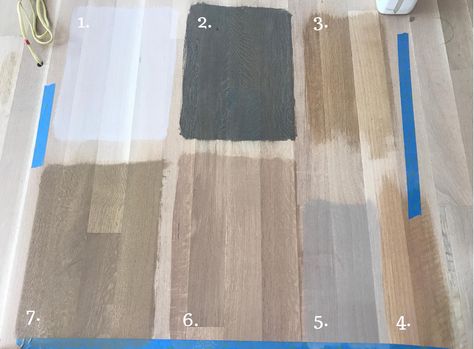 Choosing a Bona Drifast Stain Color. Clockwise from top left: 1) white, 2) driftwood, 3) Bona Traffic w/o sealer, 4) BonaSeal w/o stain, 5) 25% white and 75% birch, 6) birch, and 7) sand dune Hardwood Floor Stain Colors, Oak Floor Stains, Floor Stain Colors, Wood Floor Stain Colors, Oak Hardwood Floors, Weathered Oak Stain, Red Oak Floors, Driftwood Stain, Hardwood Floor Colors