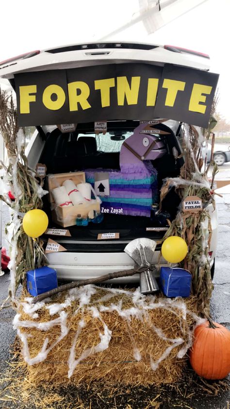 Fortnite Trunk or Treat ideas! Loot lama piñata, supply drops, bandages, potions, banner, and map locations were all handmade by me! Fortnite Trunk Or Treat, Pumpkin Decorating Party, Trunk Or Treat Ideas, October Ideas, Pumpkin Projects, Treat Ideas, Birthday Party Planning, Trunk Or Treat, Halloween Cakes