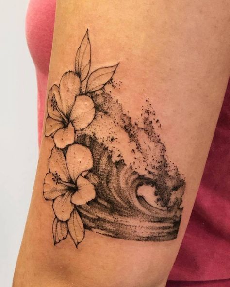 Wave Flower Tattoo, Flower Wave Tattoo, Tropical Flower Tattoos, Hawaiian Flower Tattoos, Beachy Tattoos, Plumeria Tattoo, Hibiscus Flower Tattoos, Flowers Tattoos, Hawaii Tattoos