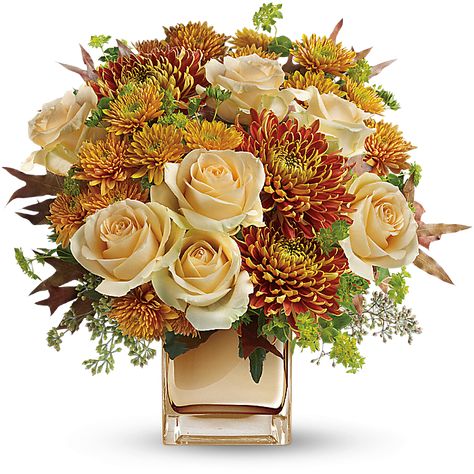 Roses, Chrysanthemums, Gypsophila, Solidago,  maybe dahlias Fall Floral Centerpieces, Autumn Romance, Thanksgiving Flowers, Fall Flower Arrangements, Fall Floral Arrangements, Elegant Bouquet, Square Vase, Fall Arrangements, Vase Arrangements