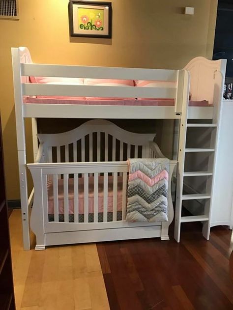 Little ones sharing a room? Here's a great example of utilization of space! Baby And Toddler Shared Room, Bunk Bed Crib, Boy And Girl Shared Bedroom, Toddler And Baby Room, Sibling Room, Sharing A Room, Toddler Bunk Beds, Kids Rooms Shared, Shared Girls Room