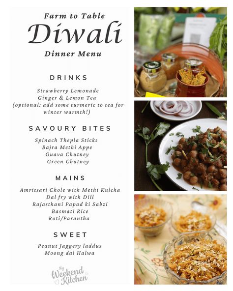 Diwali Food Menu - Vegetarian | My Weekend Kitchen Diwali Dinner, Indian Food Menu, Party Food Menu, Wedding Food Menu, Diya Decoration, Pasta Types, Indian Dinner, Guavas, Table Dinner