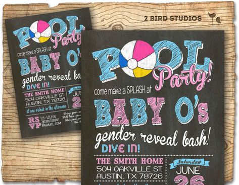 pool party gender reveal invitation pool party by 2birdstudios, $20.00 Summer Baby Shower Themes, Coed Baby Shower Invitations, Baby Shower Games Coed, Trendy Baby Shower Themes, Boy Baby Shower Ideas, Baby Shower Photo Booth, Ideas Baby Shower, Baby Shower Bbq, Coed Baby Shower