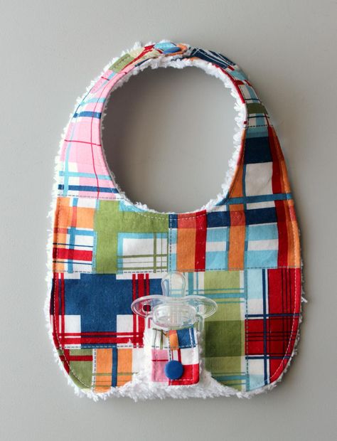 Pacifier Bib Pattern, Pacifier Holder Pattern, Binky Bib, Madras Fabric, Diy Bibs, Baby Bib Tutorial, Boy Pacifier, Pacifier Bibs, Baby Binky