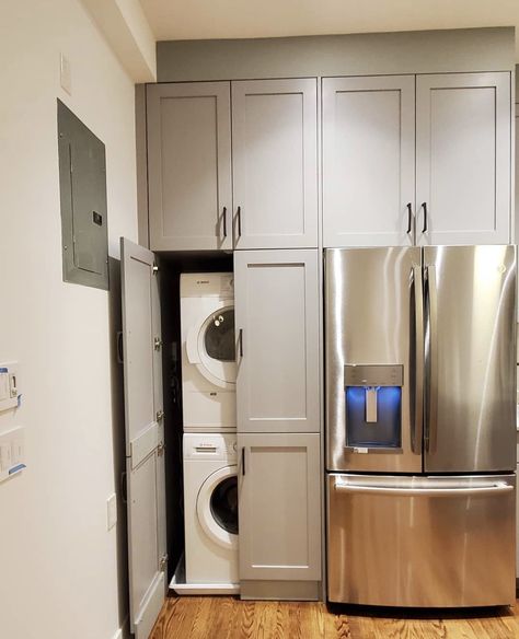 Cabinet Laundry Room, Hidden Laundry Rooms, Laundry In Kitchen, Washer Dryer Kitchen, Stacked Laundry Room, Hidden Laundry, Pantry Laundry Room, Flip House, Pantry Laundry