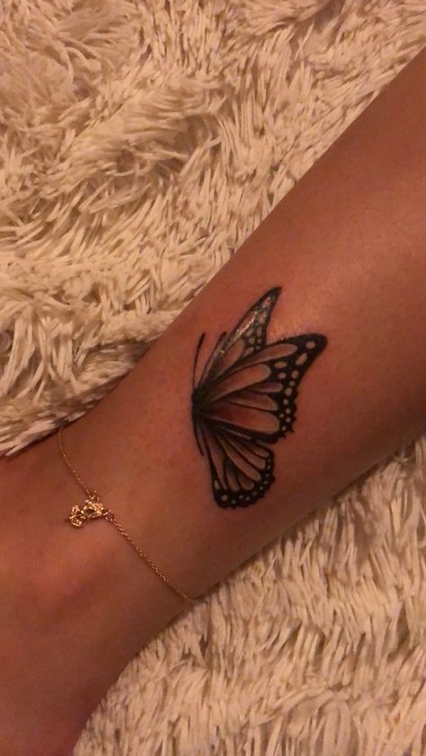 Folded Butterfly Tattoo, Back Tattoo Shoulder, Small Butterfly Tattoo With Flowers, Side Tattoos Women Butterfly, Medium Size Tattoo, Angel Butterfly Tattoo, Shaded Butterfly Tattoo, Butterfly Tattoo Placement Ideas, Back Of Forearm Tattoo