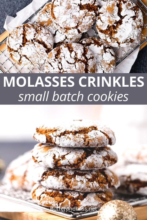 Molasses Crinkles Recipe, Blackstrap Molasses Recipes, Molasses Crinkle Cookies, Chocolate Crinkles Recipe, Powdered Sugar Cookies, Small Batch Cookie Recipe, Christmas Cookie Baking, Molasses Recipes, Small Batch Cookies