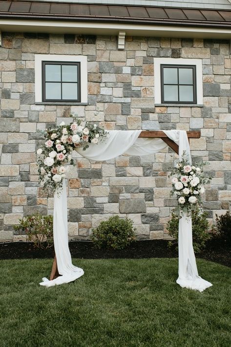 Backyard-classic-romantic-wedding Wedding Arch Drapery And Flowers, Square Arbor Wedding Florals, Wooden Arbor Wedding Flowers, How To Make Arbor Flowers, Wedding Arbor Drapery, Classic Wedding Arbor, Arch Floral Decor, Wooden Arbour Wedding, Arch Decor For Wedding