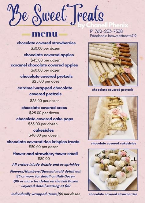 Dessert Table Menu Ideas, Cake Pop Pricing, Custom Treats For Parties, Cake Pops Price List, Chocolate Covered Strawberries Pricing, Cakesicle Pricing, Chocolate Covered Treat Prices, Dessert Price List, How To Start A Chocolate Covered Strawberry Business