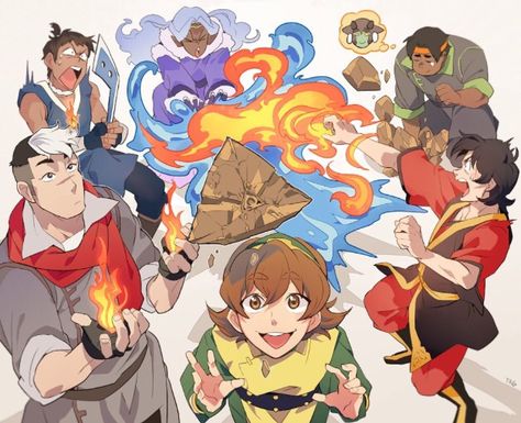 Avatar/Voltron Crossover Poster, Lance as Sokka, Allura as Katara, Hunk as Bolin, Keith as Zuko, Shiro as Mako, and Pidge as Toph Voltron Fanart Group, Voltron Group Picture, Voltron Crossover, Avatar Crossover, Voltron Funny, Voltron Comics, Form Voltron, Voltron Ships, Voltron Fanart