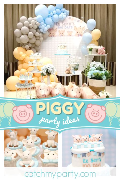 Check out this awesome piggy themed birthday party! The piggy balloons are so cute! See more party ideas and share yours at CatchMyParty.com #catchmyparty #partyideas #pigs #pigparty #boy1stbirthdayparty Piggy Birthday Party, Piggy Birthday, Baby Party Themes, Baby Shower Planner, 1st Birthday Party For Girls, Boys 1st Birthday Party Ideas, Birthday Party Activities, Pig Party, Theme Birthday Party