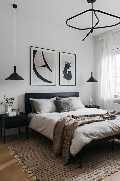 Small Bedroom Ideas Black Bed, Bedroom With Black Side Tables, Black Cozy Bedroom Ideas, Black Furniture Bedroom Colour Schemes, Apartment Black Furniture, Black Furniture White Walls Bedroom, Bedroom Ideas With Black Accents, Bedroom With Black Furniture Aesthetic, All Black Furniture Bedroom