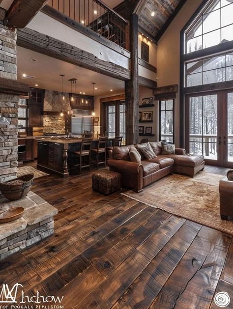 Luxury Homesteading, Wood House Interior, Modern Rustic Cabin, Cottage Chic Kitchen, Log Houses, Loft House Design, Rustic Log Cabin, Western Bedroom, House Dream