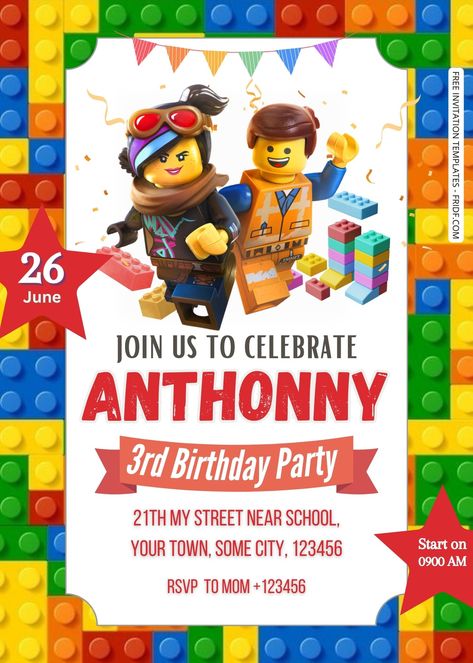 FREE Build Lego Birthday Invitation Templates Check more at https://www.fridf.com/free-build-lego-birthday-invitation-templates/ Lego Birthday Invitation, Lego Birthday Invitations, Lego 5, Lego Invitations, Bunny Birthday Party, Bunny Birthday, Free Invitation Templates, Lego Birthday, 1st Birthdays