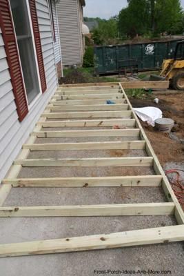 Example of Sleepers on Concrete Deck Over Concrete, How To Build A Porch, Concrete Patios, Porch Remodel, Building A Porch, Porch Makeover, Front Deck, Porch Steps, Concrete Porch