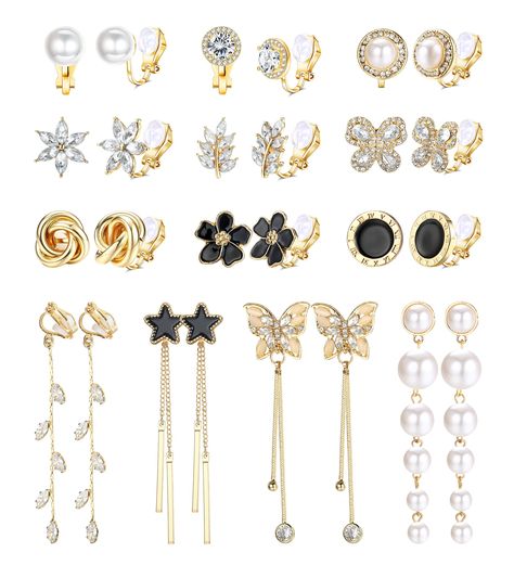 PRICES MAY VARY. ▶Multi-Style Clip On Earrings Set: You will get 13 pairs different styles clip on earrings in a package, including 9 pairs clip on stud earrings and 4 pairs clip dangle earrings. Pearl clip on earrings, clip rhinestone earrings, butterfly clip on earrings, flower clip on earrings, star clip on earrings, etc, these cute clip on earrings can meet your daily needs. ▶For Non Pierced Ears: These non pierced earrings are designed for people who don't have ear holes but want to show th Clip Ons Earrings, Clip On Earrings Aesthetic, Cute Clip On Earrings, Hoco Ideas, Pearl Butterfly, Earrings Butterfly, Earrings Star, Prom Accessories, Preppy Fall