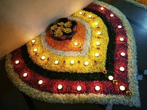 Flower Rangoli For Ganpati, Flower Decorations For Diwali At Home, House Light Decoration For Diwali, Flower Decoration Rangoli, Ganpati Flower Rangoli, Border Flower Rangoli, Diwali Flower Rangoli Designs Simple, Diwali Flowers Rangoli, Rangoli Made With Flowers