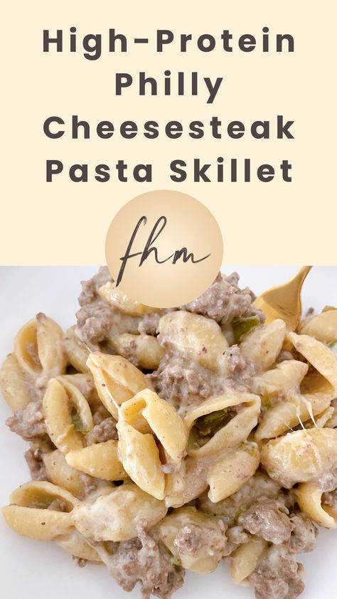 Creamy, cheesy, and reminiscent of a classic Philly Cheesesteak, this simple pasta skillet is a hit with the whole family! Healthy Philly Cheese Steak Pasta, Chicken Cheesesteak Pasta, Fast Protein Dinner, High Protein Philly Cheesesteak Bowl, Carb Heavy Meals, Cheesy Protein Pasta, Crock Pot Philly Cheese Steak Pasta, Best Protein Recipes, Creamy Protein Pasta